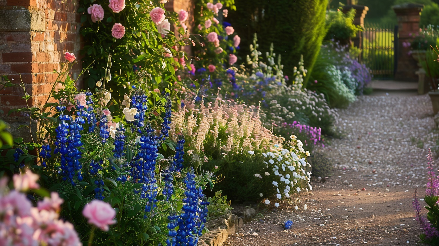 Engelse romantische tuin met rozen en delphinium in Vlaanderen