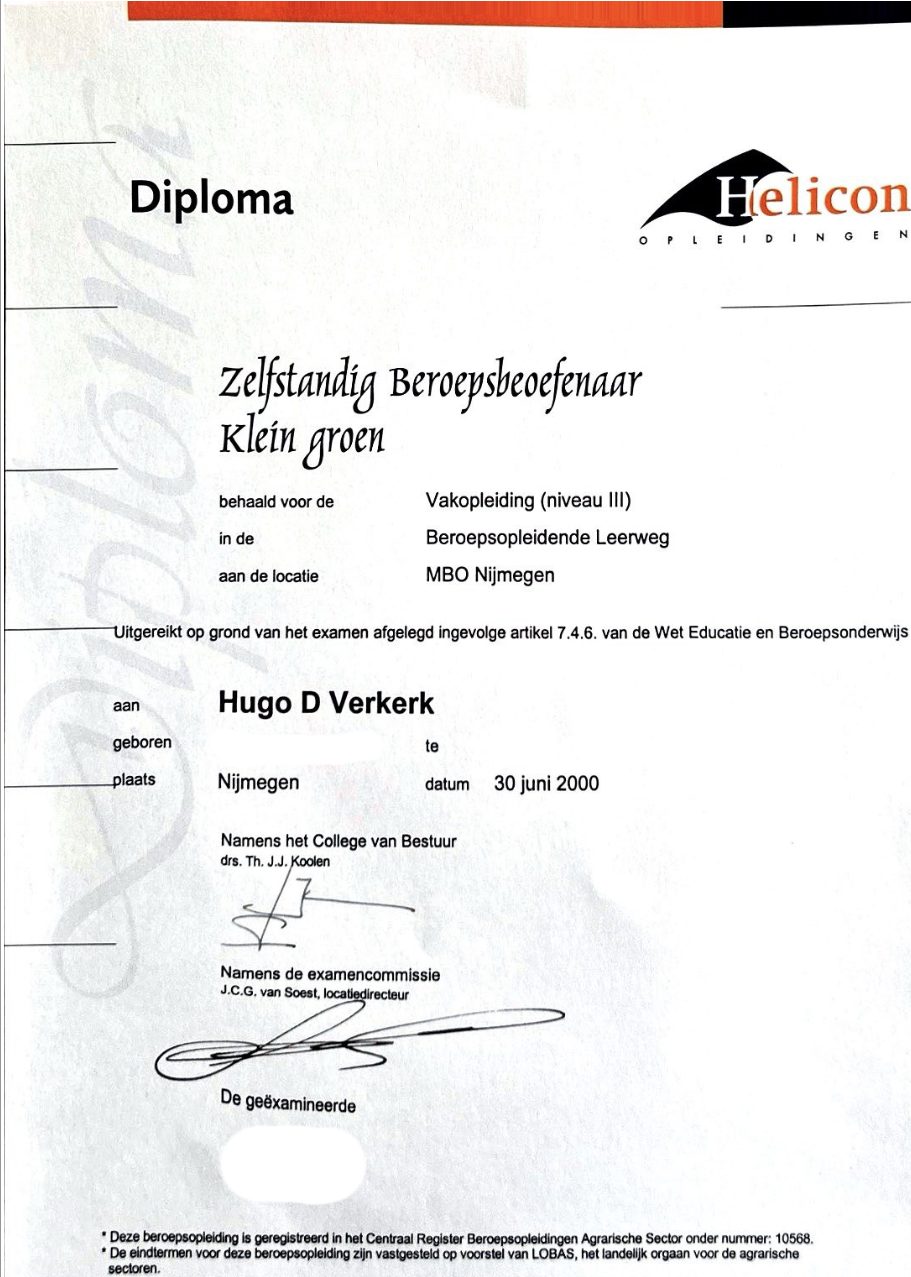 Tuinman-diploma van Hugo Verkerk — Vakopleiding Klein Groen, MBO niveau III, Helicon Nijmegen, 30 juni 2000