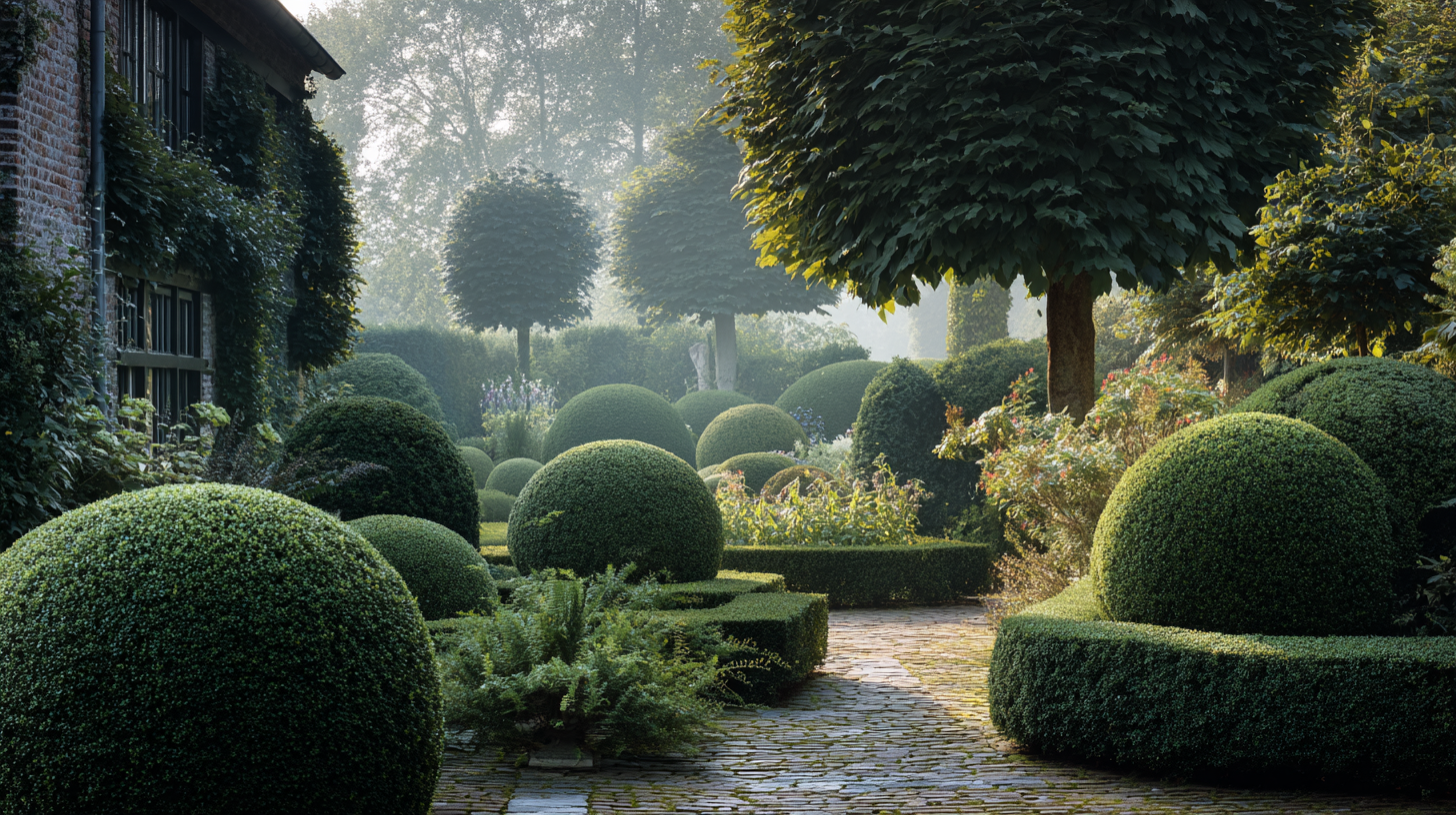 Klassieke Vlaamse tuin met geknipte buxus-bollen, taxus en formele symmetrie in Wirtz-stijl